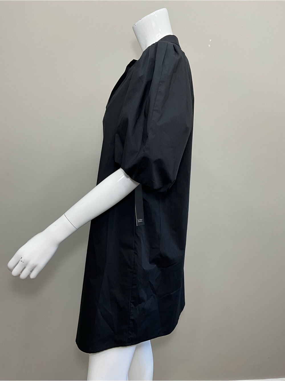 NICOLE MILLER Black Puff Sleeve Mini Dress A-Line Split Neck M Pockets - Picture 4 of 8